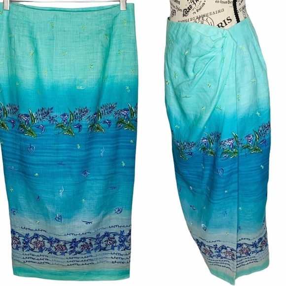 Jenna Ombre Embroidered Linen Sarong Wrap Maxi Skirt Size 12 Blue Green Floral - Picture 1 of 16